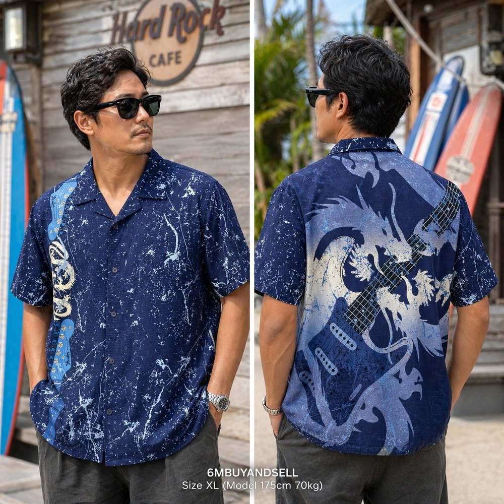 Hard Rock Cafe Hollywood Fender Stratocaster Dragon Shirt Mens XL‎ Blue Guitar